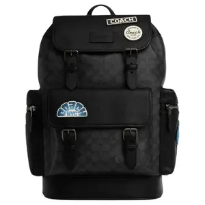 COACH Sprint 29 Classic Logo-Embellished Buckle-Closure Backpack in Leather and Faux Leather – Large Men’s Style in Charcoal Black