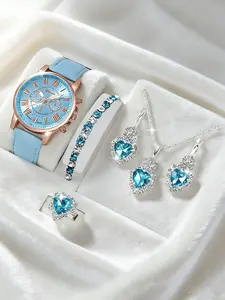 Women's Vintage Roman Quartz Analog Watch Set, Synthetic Leather Strap, Heart-Shaped Accessories, Perfect Gift for Ramadan, Valentine's Day, Easter