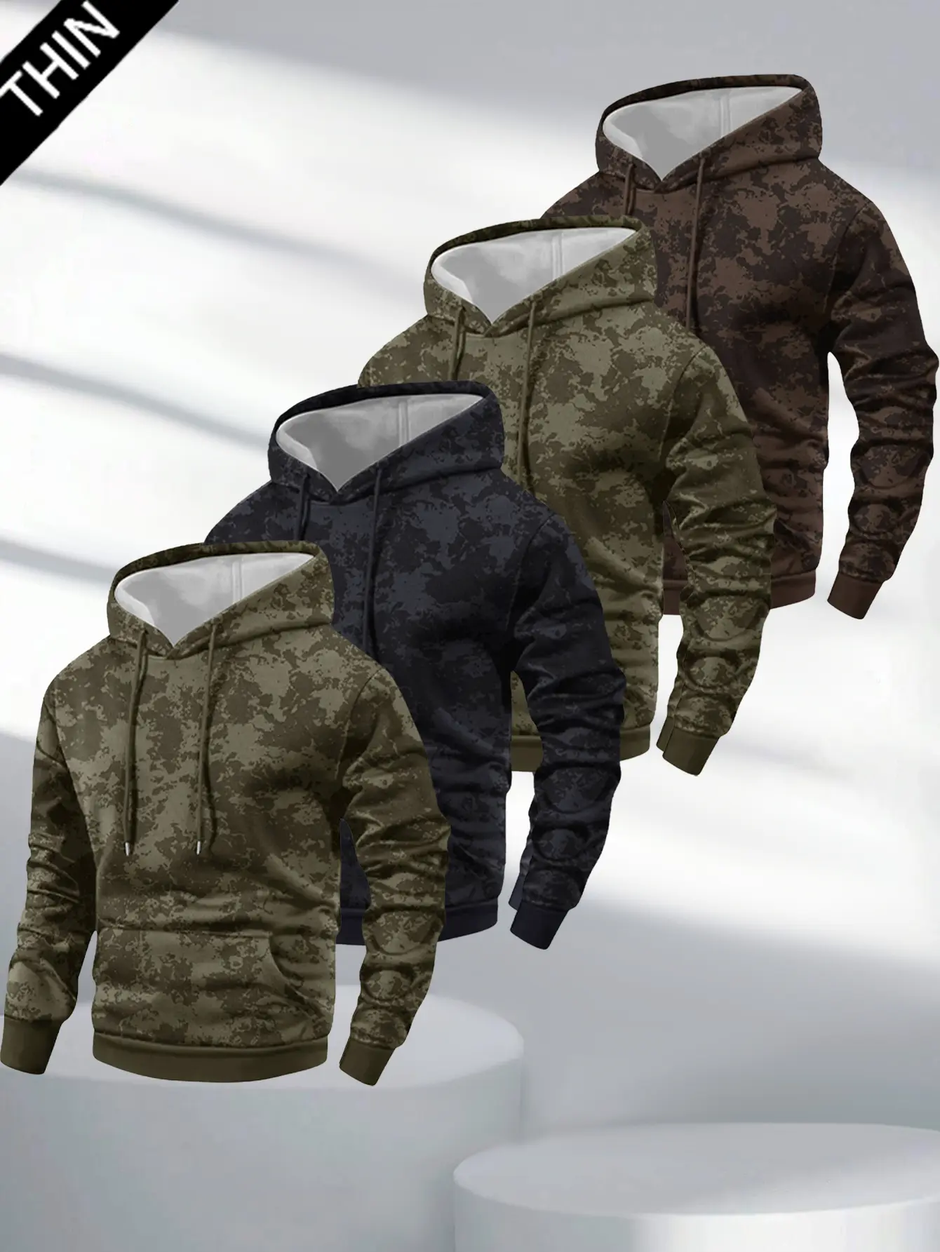 Men's 4-Piece Fitted Tie-Dye Hoodie Set - American Style, Spring/Autumn Lightweight Street Fashion, Stretch Poly Fabric, Long-Sleeve Pullover, Adjustable Drawstring Hood, Kangaroo Pocket, Comfortable Sports Top for Cool Weather, Beige, High Stretch, Tie-D