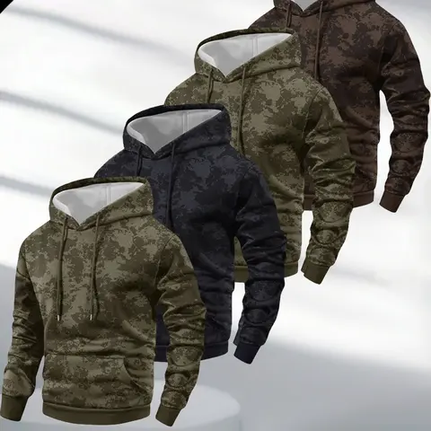 Men's 4-Piece Fitted Tie-Dye Hoodie Set - American Style, Spring/Autumn Lightweight Streetwear, High-Stretch Knit Poly Fabric with Knitting Print, Long-Sleeve Pullover, Adjustable Hood, Kangaroo Pocket, Beige Cool Weather Top