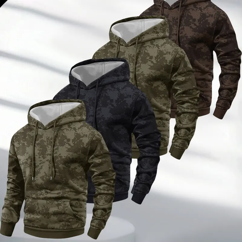 Men's 4-Piece Fitted Tie-Dye Hoodie Set - American Style, Spring/Autumn Lightweight Streetwear, High-Stretch Knit Poly Fabric with Knitting Print, Long-Sleeve Pullover, Adjustable Hood, Kangaroo Pocket, Beige Cool Weather Top