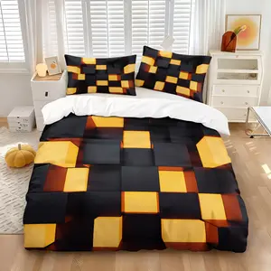 3D Geometric Black-orange Contrast Block Lattice Duvet Cover Set, Cyber Neon Three-dimensional Design, Includes 1 Quilt Cover & 1/2 Pillowcase, Soft Comfort Bedding, All Seasons Use, Home Fashion Decor, Bedroom Bedding Set