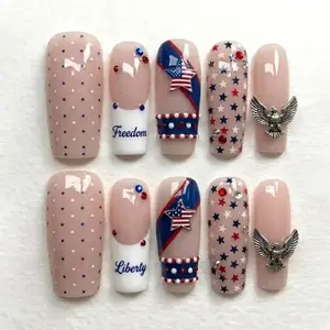 Handmade Patriotic Press On Nails - Red Blue Star Eagle Design - Square USA Nails for Fourth of July Party Style