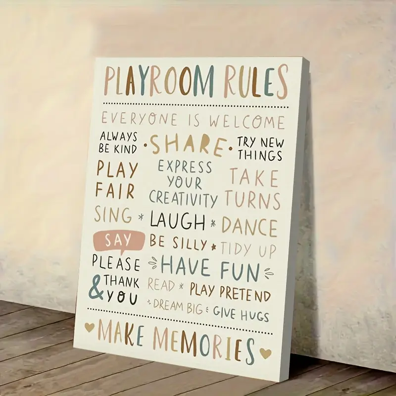 1 Piece Children's Playroom Rules Canvas Poster with Frame - Bohemian Baby Room Art Wall Decoration, Wrapped Canvas, Hook Installation, Suitable for Children's Room, Playroom and Homeschool, Playroom Decoration| Fun Design| Wrapped Canvas, Game Room Decor