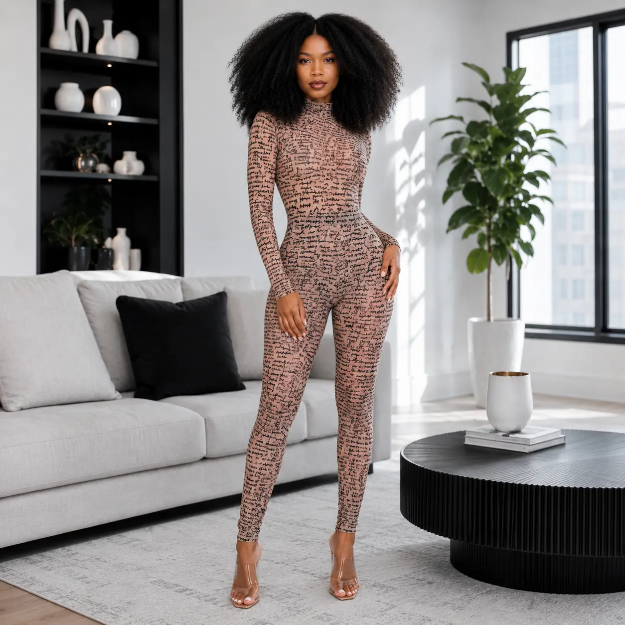 Women’s Letter Print Sheer Mesh Two Piece Set – Long Sleeve Mock Neck Top & High Waist Leggings Fashion Fashionable