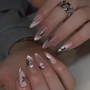 24pcs Sparkling Cat Eye Short Almond False Nails, 3D Silver Color Stars Detachable Fake Nails, Half Handmade Nail Art Set with File and Gel, Glitter Decorative Nails