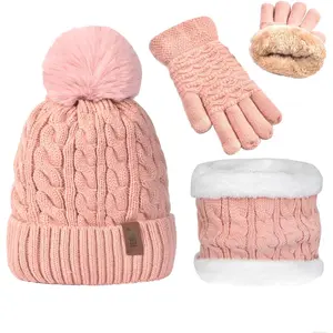 3 count Winter Women Beanie Hat Scarf and Touch Screen Gloves Sets Girls Classic Knit Warm Chunky Fleece Lined  Cap
