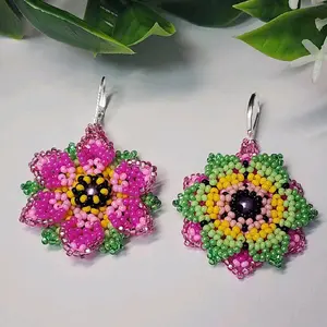 Sunflower Beaded Pink  Color Earrings with Green Accents and Yellow Center Beads for Festive Wear