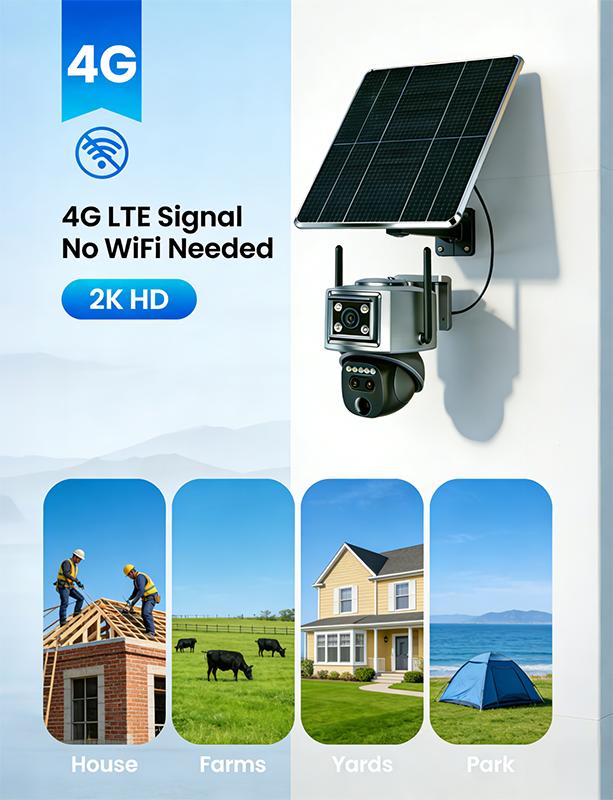 NiSee Triple-Lens Linkage Solar-Powered 4G Security Camera,10x Zoom,2K HD 360° View Pan,AI Motion Detection,Two-Way Audio,Color Night Vision,Waterproof,Outdoor Security Cctv Lens
