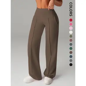 Women’s high-waisted elastic wide-leg pants with casual pockets, a casual sporty design, and comfortable side pockets; suitable for all seasons; made from durable materials.