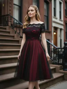 RETRO STAGE Women's 1950s Off-Shoulder Lace Swing Dress, Elegant Chic Lady Formal Wear, Evening Dress