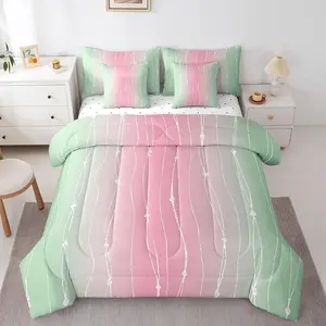 Feelyou 7-Piece Sage Green & Blush Pink Bedding Comforter Set - Breathable Quilt, Bedding Sheets, Abstract Aesthetic Bed-in-a-Bag with Dot Pattern, Wave Line Design for Girls