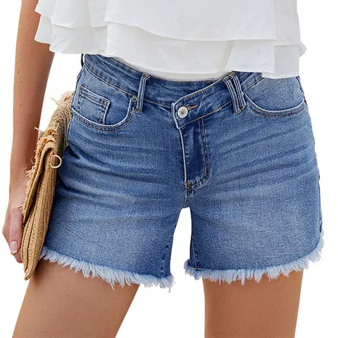 luvamia Women's Low-Waisted Crossover Stretchy Denim Shorts - Raw Hem, Casual Summer, Pockets, Basic Small Streetwear Lady Clothes
