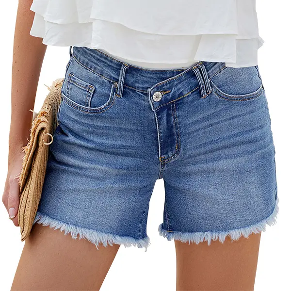 luvamia Women's Low-Waisted Crossover Stretchy Denim Shorts - Raw Hem, Casual Summer, Pockets, Basic Small Streetwear Lady Clothes