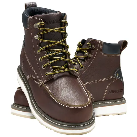 NINGO Men's Full Grain Leather 6-in Closed Steel Toe Dark Brown Work & Safety Boots - Lace-Up, Soft Cushioned Goodyear Welt, Water-Resistant, Slip-Resistant Rubber Cuban Heel Shoes for Factory, Warehouse Workers (All Seasons)