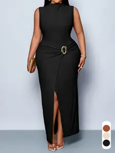 Elegant Summer Casual Women's Plain Plus Size Dress, Stand Collar Sleeveless Metal Buckle Decoration Split Hem Bodycon Fashion New Arrival