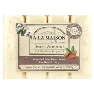 A La Maison de Provence Hand & Body Bar Soap, Sweet Almond, 4 Bars, 3.5 oz (100 g) Each
