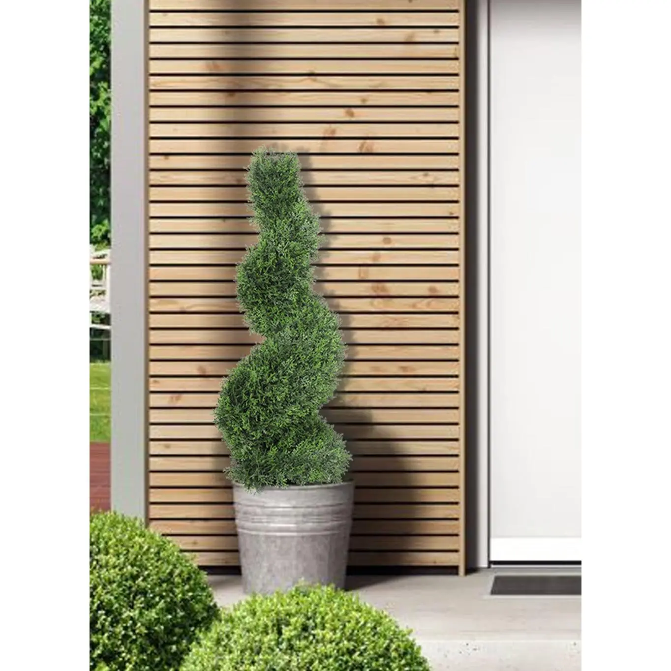 Faux Boxwood Topiary Tree in Pot, 12"D x 36"T