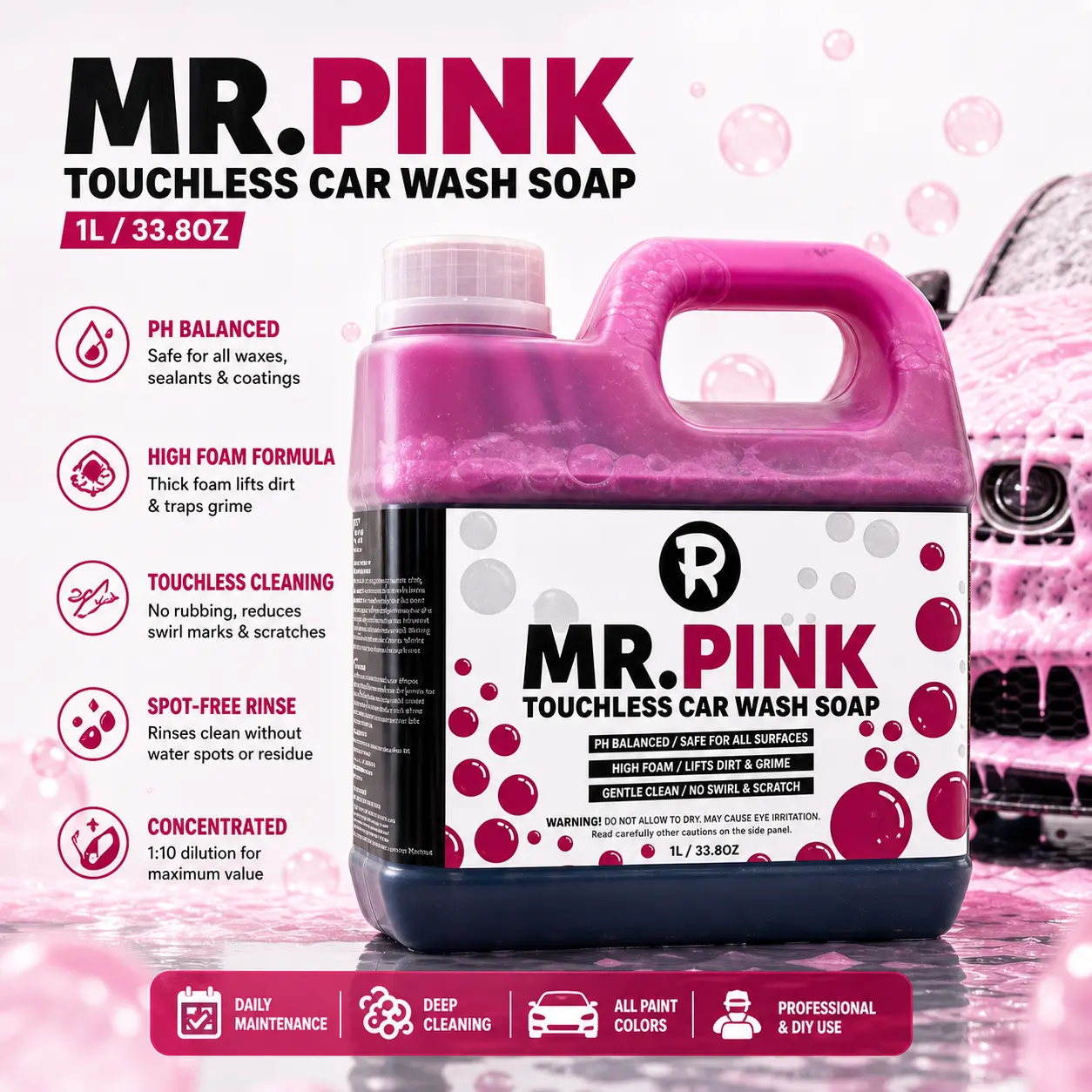 1L/33.8OZ Pink Snow Foam Car Wash Soap, Touchless Pre Wash Foam, Bug & Tar Remover, pH Neutral Auto Detailing Cleaner, Ceramic Coating Safe, DIY Foam Cannon Car Wash