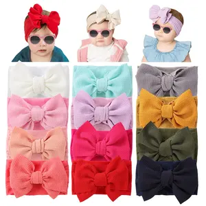 L-HDW139 12 Pack Oversized Colorful Solid Stretchy Nylon Headbands with Big Bow Large Knot Hair Bows Soft Elastic Hair Bands Hair Accessories Wide Headwraps for Newborn Baby Girls Infants Toddlers Kids