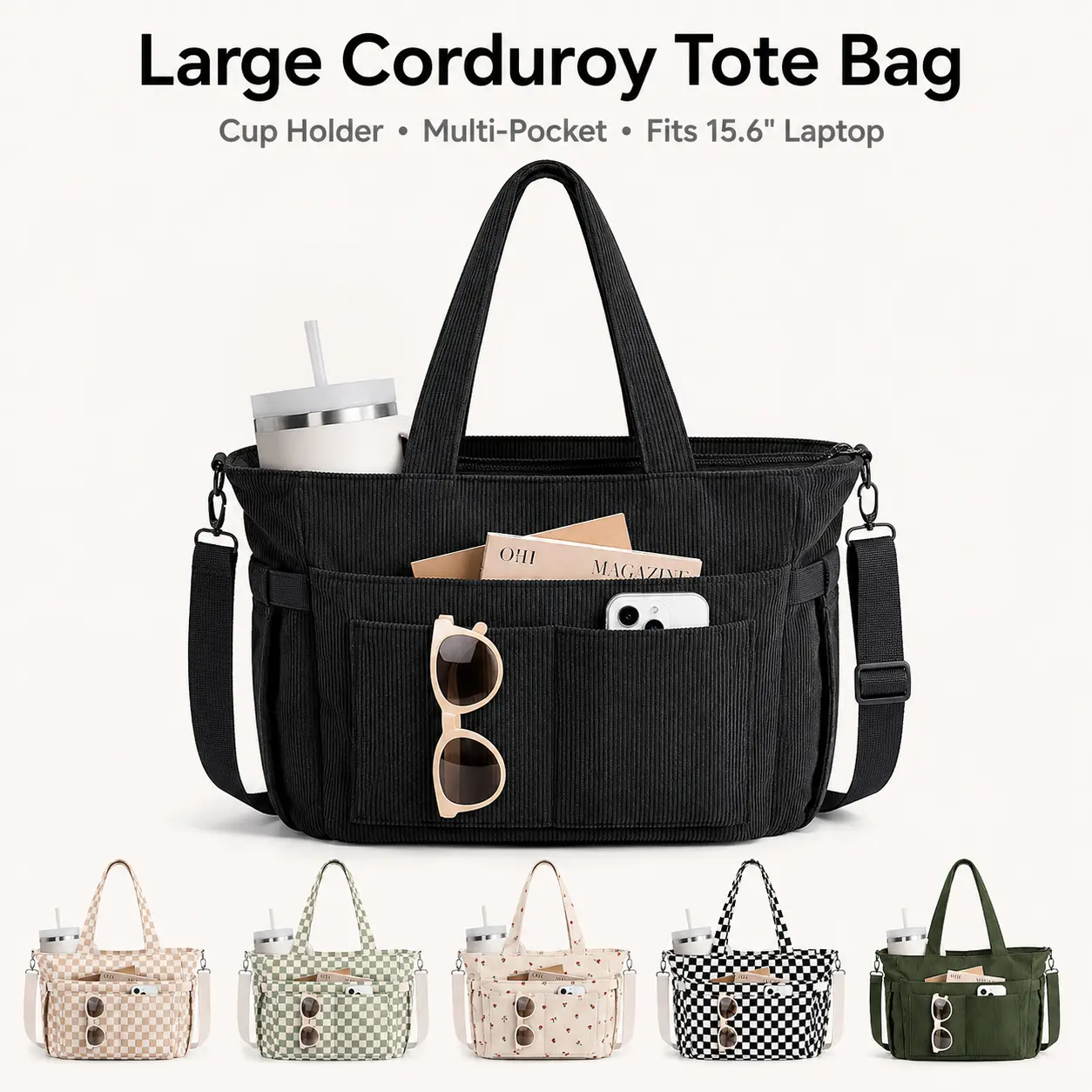Bagstellar Corduroy Tote Bag for Women, 15.6 inch Laptop Work Bags with Large Cup Holder, Detachable Shoulder Strap Travel Handbag for Mom Wife Student Teacher Nurse Daily, Travel, Gym