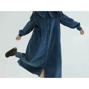 Vintage Fashion Corduroy Dresses Autumn Women Solid Ruffled Single Breasted Loose Long Sleeve A-line Ankle-Length Cardigan Dress
