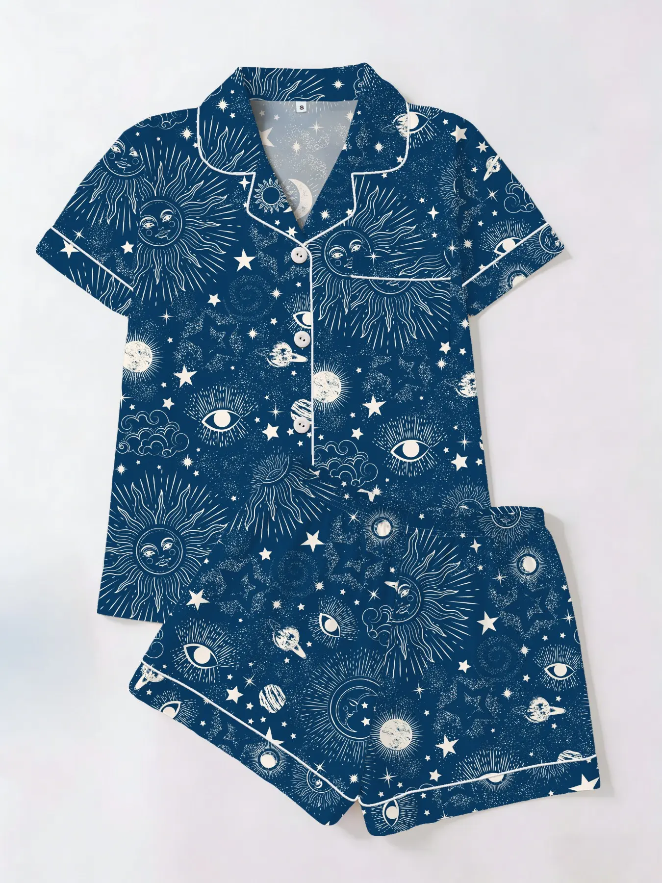 Women's Starry Sky Universe Printed Sleepwear Set, Loungewear, Homewear, Womenswear, Short Sleeve Top & Shorts Cardigan Two-Piece Pajamas, Casual Fitted Everyday All-Season Home Wear