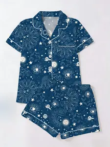 Women's Starry Sky Universe Printed Sleepwear Set, Loungewear, Short Sleeve Top & Shorts Cardigan Two-Piece Pajamas, Casual Everyday All-Season Home Wear