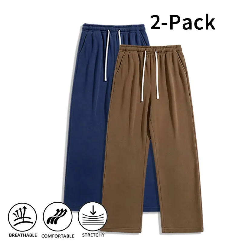 Men’s 2-Pack Fall-Winter Polyester Baggy Athletic Sweatpants - Straight Leg, Adjustable Waist Elastic Drawstring, Loose Fit for Basketball, Fitness, Sportswear, Polyester Fits