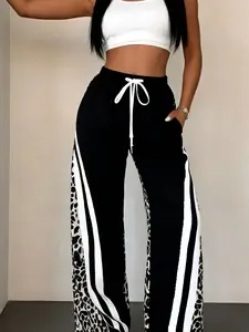Women's black leopard print with white contrast stripes, drawstring waist, pocket design, wide-leg sports pants, Yoga Bottom, suitable for summer, suitable for daily, sports wear, High Waist Drawstring, Fitness Trousers, Athleisure Style Pants