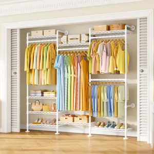 M6 Clothes Rack for Wall Mounted, Heavy Duty Closet Wardrobe System with 8 Shelves and 4 Hanger Rods, 68.5" W x 11.8" D x 86.6" H Clothing Storage Organizer for Holding 1064lbs, White