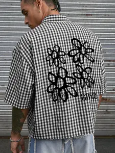 Men's Plaid Checkered Short Sleeve Casual Fitted Shirt, Floral Print, Classic Versatile Design, Perfect for Daily Wear, Campus Commute, Street Style Parties