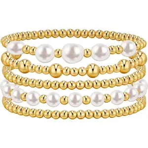 Gold Bracelets for Women Beaded  14K Gold Plated  Stack Strand Stretch Bead Ball  Set Stackable Bracelet Adjustable Bracelet Set Jewelry for Gifts