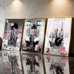 3Pcs Aluminum Alloy Framed Painting, Elegant African Woman With Eiffel Tower And Fashion Elements Graphic Prints Picture, Home Decoration For Living Room, Bedroom, OfficeWall Decor, Odorless Print Artwork, Luxury Perfect Gift For Friends And Family