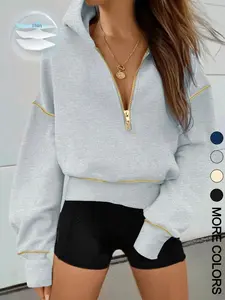 Women's Loose-Fit Hooded Sweatshirt with Zipper Pocket, Casual Long Sleeve Pullover for Daily Wear & Sports, Comfortable Ladies' Apparel