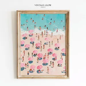 Retro Coastal Beach Print | Pastel Pink Ocean Decor | Frameless Poster 6