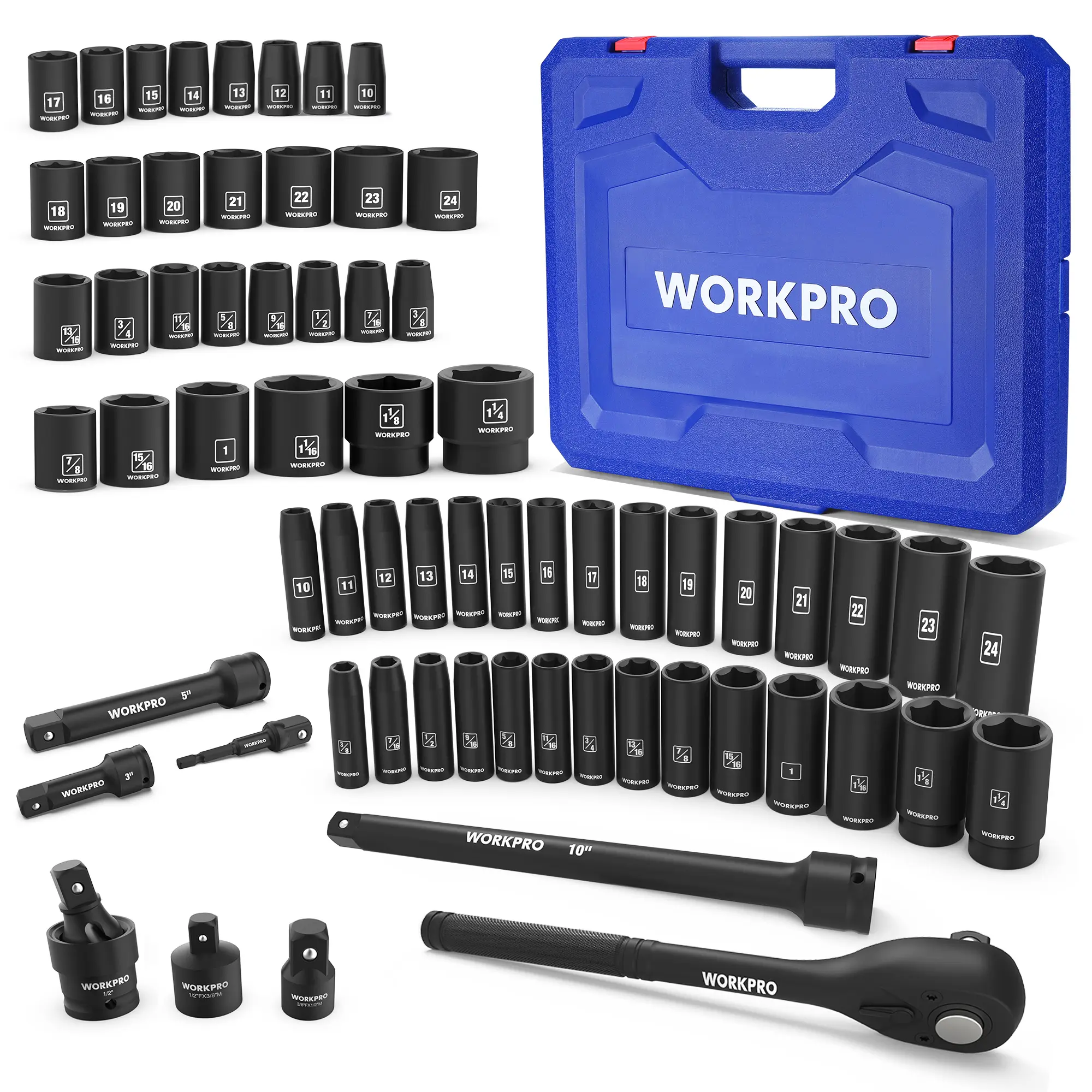 WORKPRO 1/2” Drive Impact Socket Set, Deep & Shallow Kit, Ratchet Handle, Extension Bar, Impact Universal Joint and Adapters for Automotive Repair