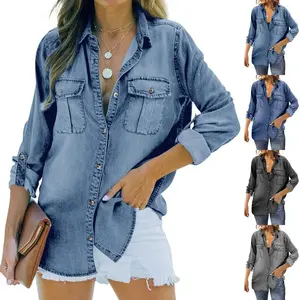 Imily Bela Womens Denim Jacket Shirt Casual Oversized Long Sleeve Button Down Shirts Loose Shacket Jean Tops