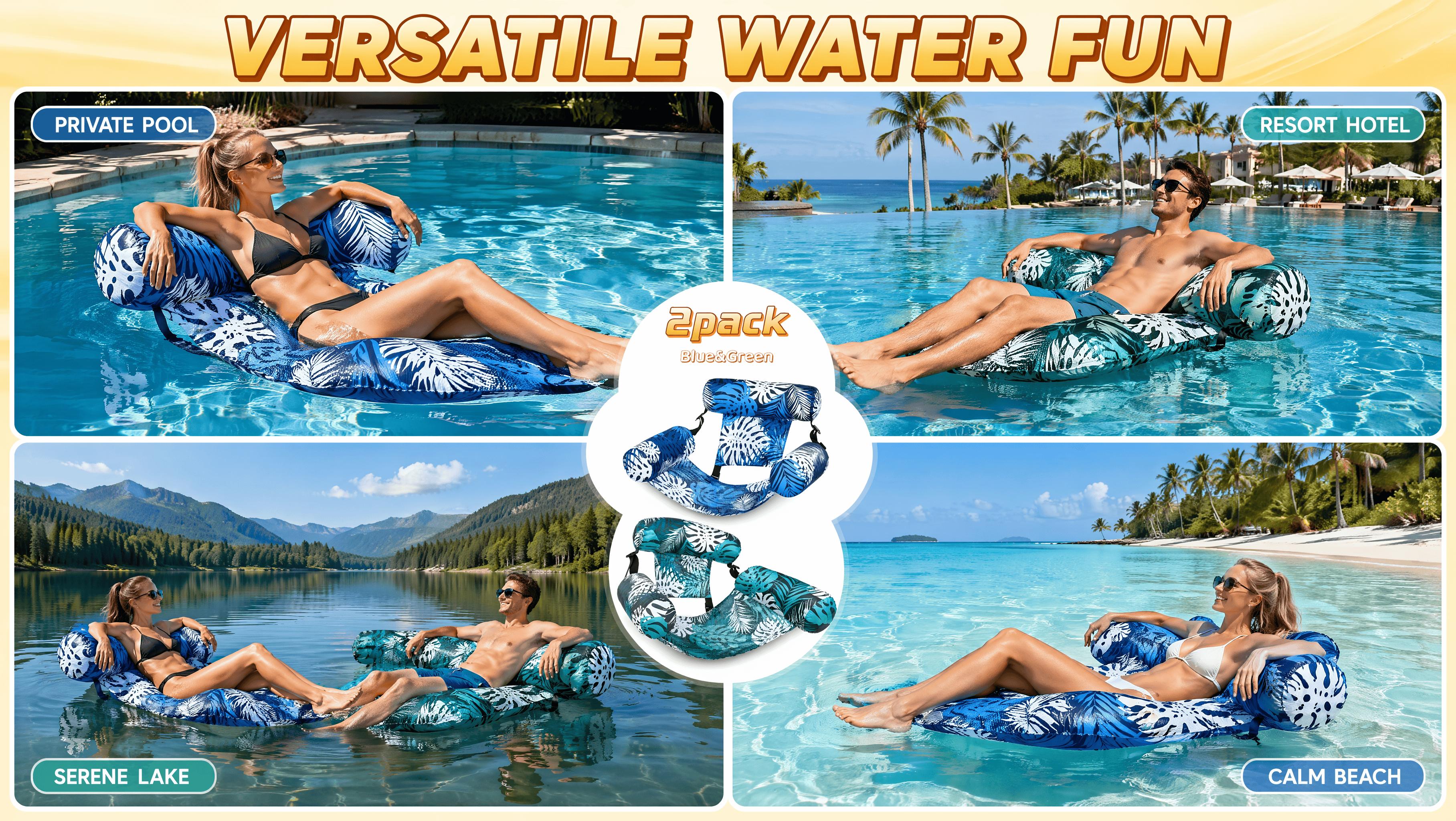 2-Pack Inflatable Pool Hammock Lounger, Floating Chair with Ergonomic Backrest, Adult Water Float Seat for Pool Lake Beach, Lightweight Foldable Lounge for Summer Hangouts & All Day Water Comfort, Pool Floats, Floats For Pool