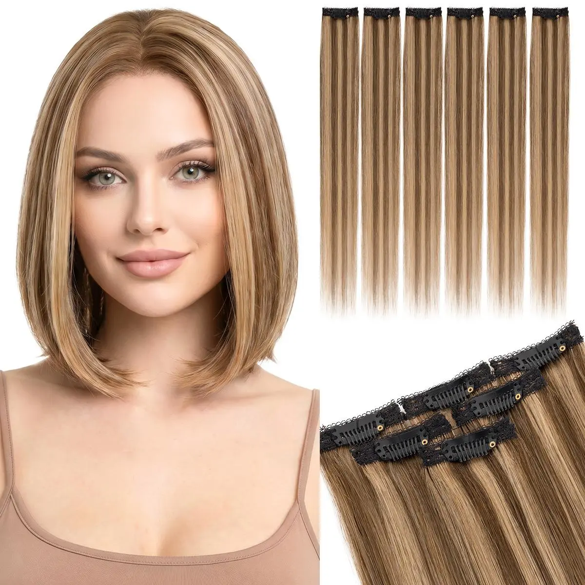 SEGOHAIR 6Pcs Clip in Hair Extensions Real Human Hair for Women 6pcs Straight Highlight Golden Brown Mix Bleach Blonde 10/12 Inch 31g Add Volume Length for Daily Wear Parties Weddings