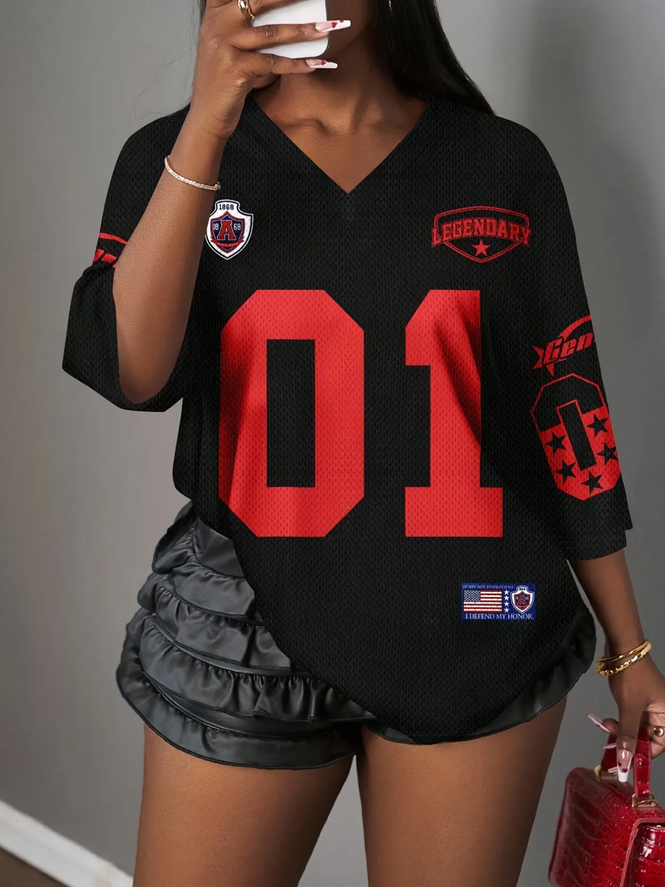 Women's Summer V-Neck Short Sleeve T-Shirt, Loose-Fitting Sporty Print Top, Fashionable Basketball Style, Campus Sports, Sisterly