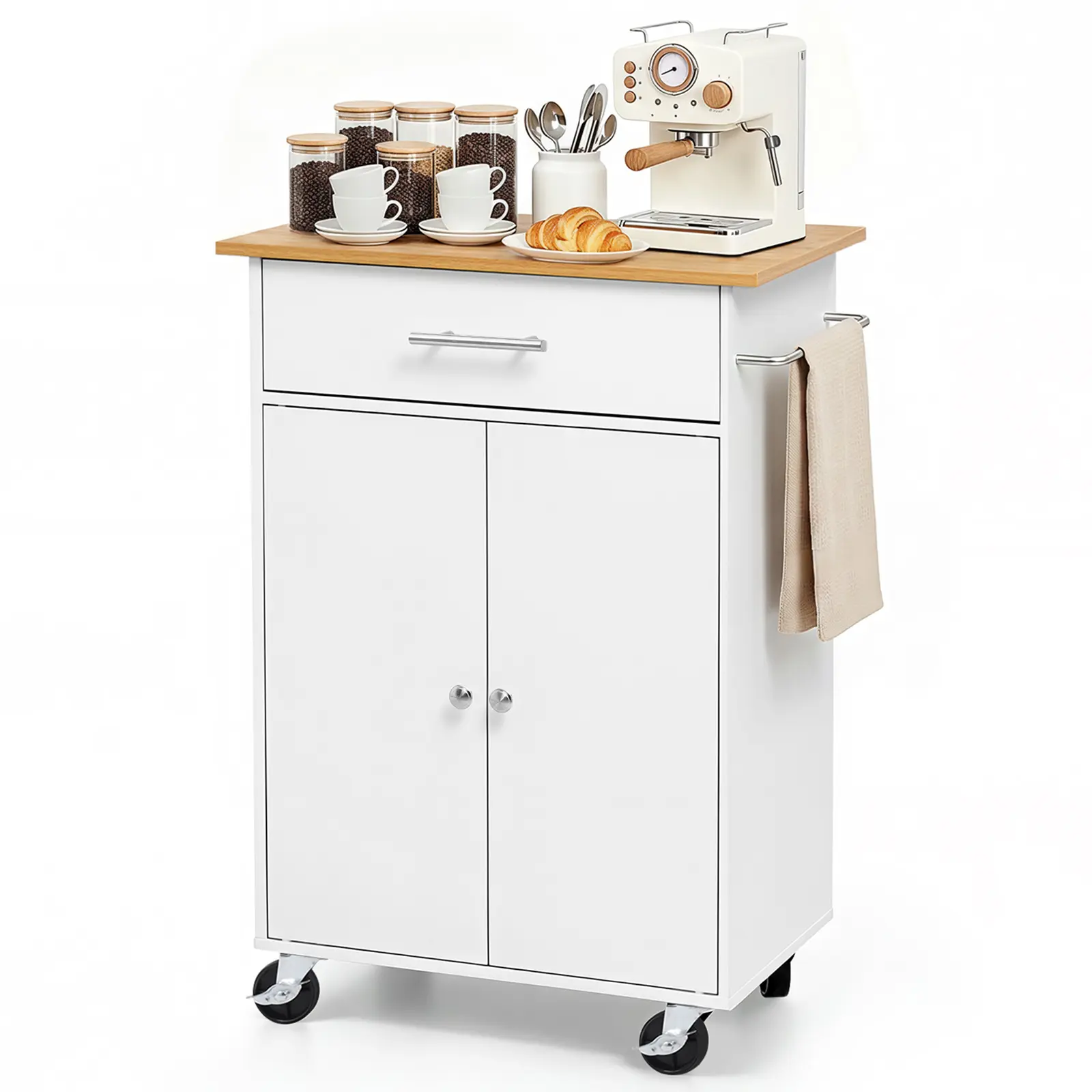 VEVOR Kitchen Island Cart with Storage, 24.84 in Wide Mobile Rolling Storage Island on Swivel Wheels, with Drawer, Storage Cabinet, Towel Rack, Hooks, Table for Home Dining Room, White#BacktoSchool