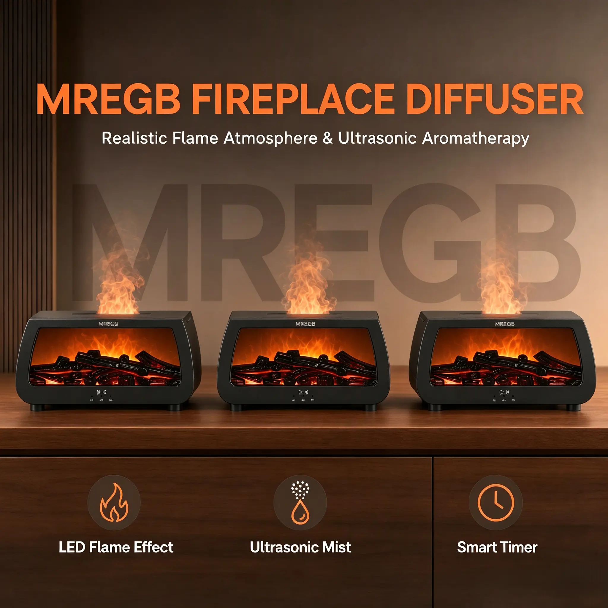 MREGB Portable Fireplace Flame Humidifier & Aromatherapy Diffuser,Ultrasonic Mist Humidifier with Realistic LED Fire Flame Light, Sound Control, 2/4/6H Timer & Auto Shut-Off, Remote Control, Home Bedroom Yoga Decor Essential Oil Diffuser Gift