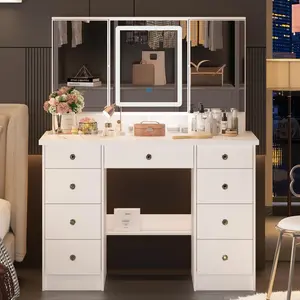 FUFU&GAGA-43.3"W Vanity With 9 Drawers, Makeup Desk With 3-Mirror And Touch Screen Light, Dressing Table For Bedroom Dresser Furniture