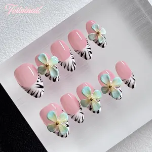 Zebra Bloom Handmade Press-On Nails | Short Almond Shape, 10pcs | Nude Pink Base with Zebra Print French Tips & 3D Plumeria Decor | Sweet Cool Aesthetic | Stylish Daily Wear, Reusable False Nails