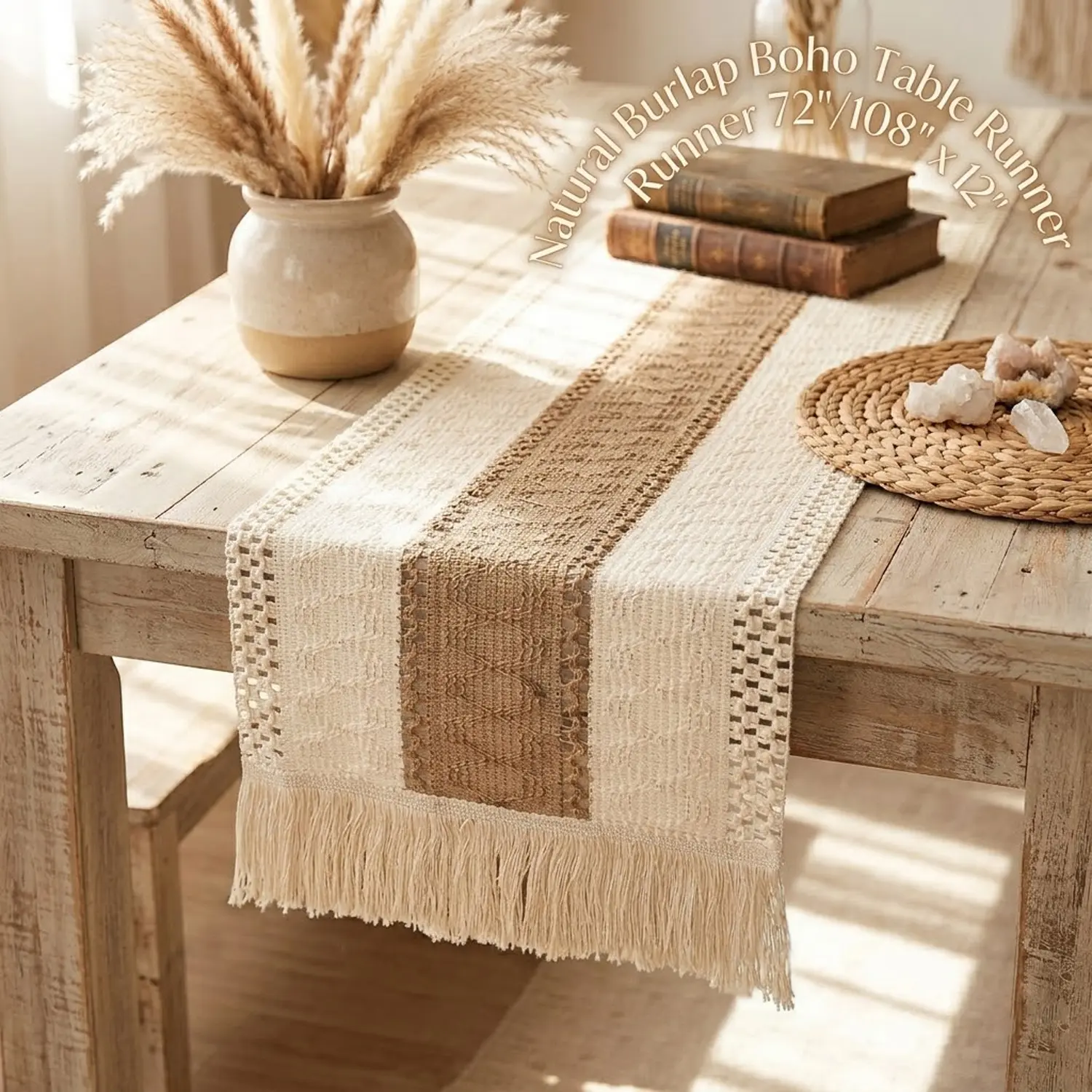 72/108 inch Boho Burlap Table Runner, Rustic Macrame Farmhouse Table Decor for Kitchen Dining Wedding Party