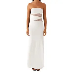 Women’s Summer Long Tube Sheer Lace Patchwork Sleeveless Strapless Backless Bodycon Ankle-Length Dress