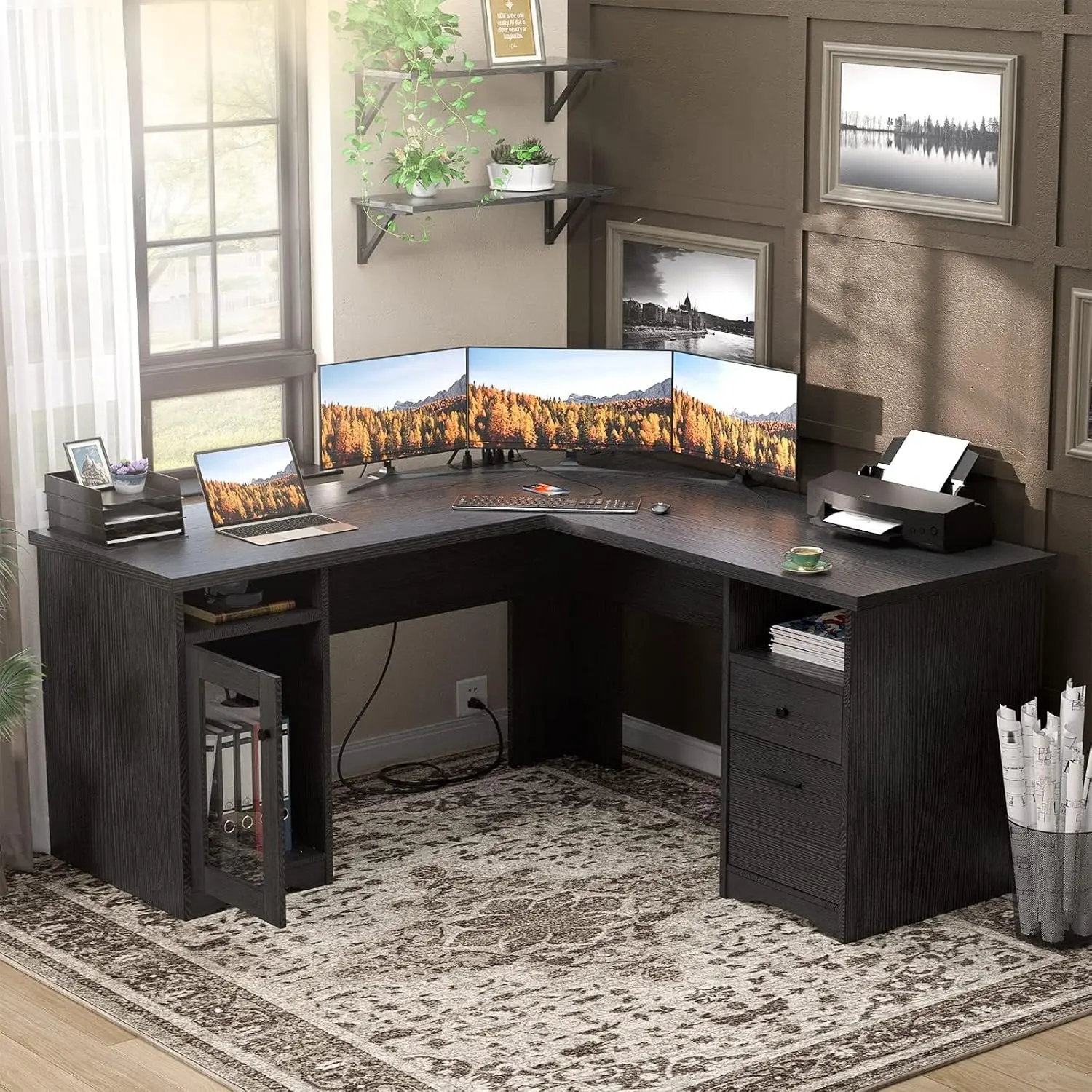 Unikito L Shaped Office Desk with Drawer, 60 Inch Computer Desk with Power Outlet & USB Charging Port, Large Corner Desk with File Cabinets, 2 Person Sturdy Executive Desk with Storage Cabinet