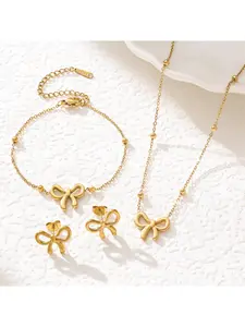 Gold Tone Bow Jewelry Set for Women, 3Pcs Dainty Bow Charm Necklace Bracelet Earrings Set, Elegant Stainless Steel Everyday Jewelry