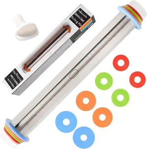 Adjustable Rolling Pin With 4 Thickness Rings, Stainless Steel Dough Roller Pizza Roller Handle Press Design With Measurement Guide